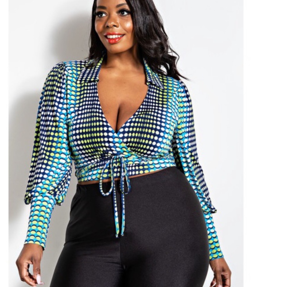 🎉New Plus Collar Wrap Top With Balloon Sleeve